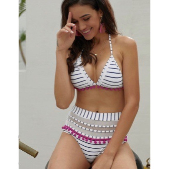 Retro Pom Pom High Waist Bikini - Picture 2 of 8